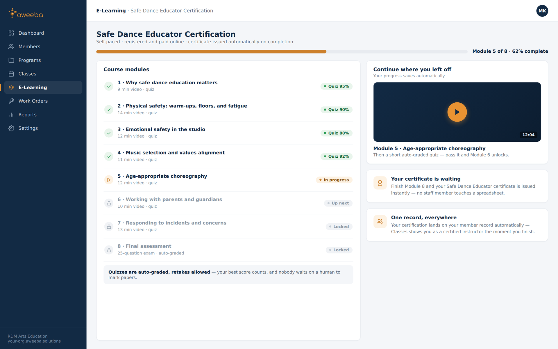 Aweeba Platform — e-learning portal showing course modules, auto-graded quiz scores, and automatic certification