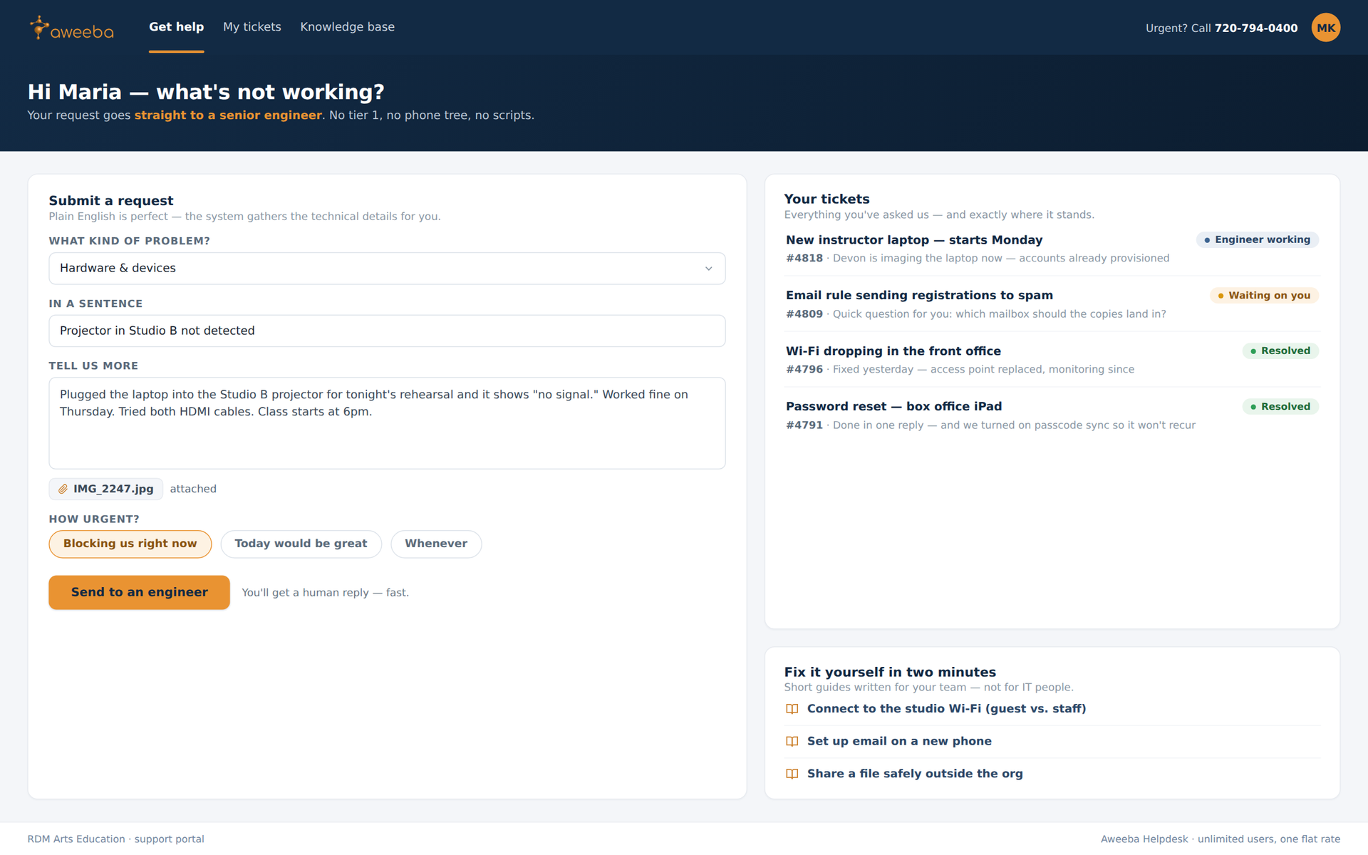 Aweeba Helpdesk portal — a team member submitting a request in plain English, with ticket statuses visible